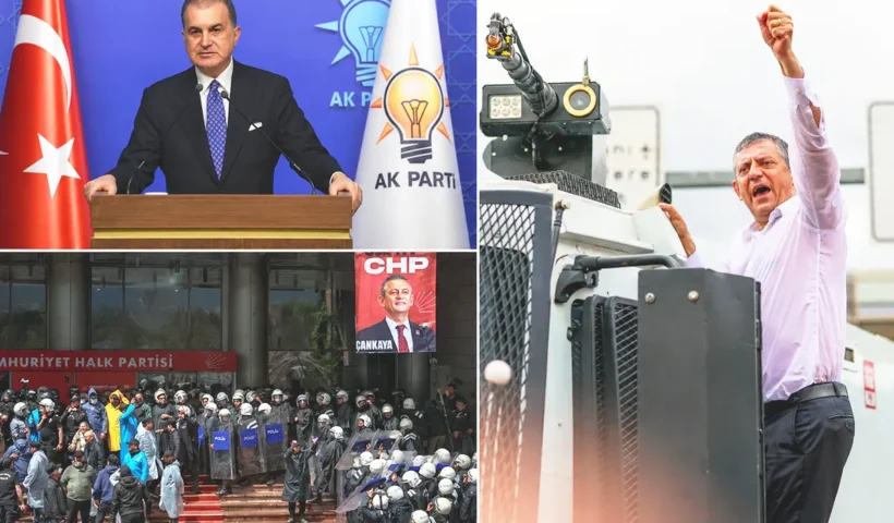 varias imágenes del asalto de la policía antidisturbios a la sede del CHP en Ankara junto con una imagen del portavoz del AKP