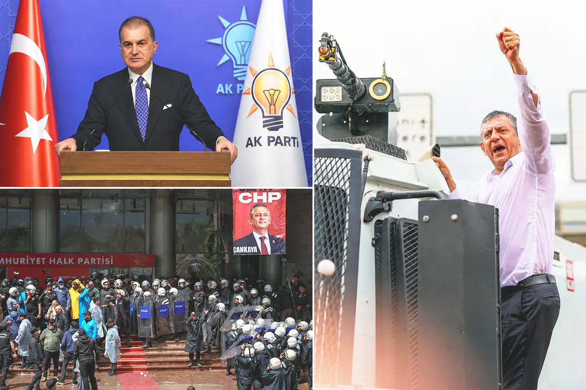 varias imágenes del asalto de la policía antidisturbios a la sede del CHP en Ankara junto con una imagen del portavoz del AKP