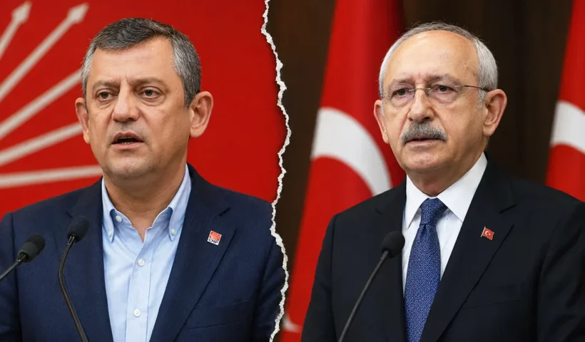 Özgür Özel and Kemal Kılıçdaroğlu, flanked by CHP party symbols and Turkish flags, with a crack running through the image separating them.