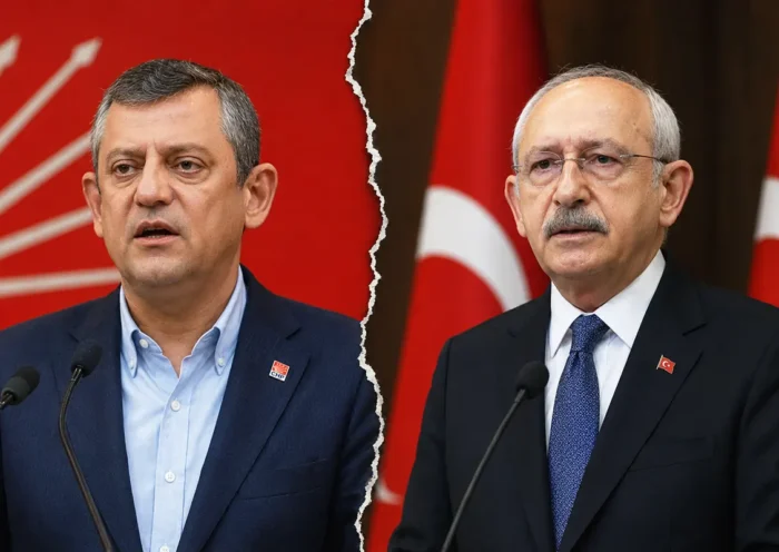 Özgür Özel y Kemal Kılıçdaroğlu, junto a símbolos del partido CHP y a banderas de Turquía y separados ambos por una grieta que atraviesa la imagen