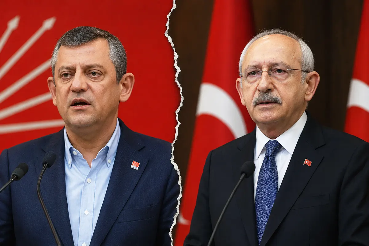 Özgür Özel y Kemal Kılıçdaroğlu, junto a símbolos del partido CHP y a banderas de Turquía y separados ambos por una grieta que atraviesa la imagen