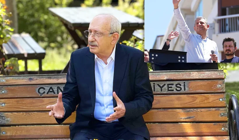 The current leader of the CHP, Kemal Kılıçdaroğlu, is speaking to journalists whilst sitting on a bench; in the corner, there is a photo of his rival Özgür Özel taken during a rally