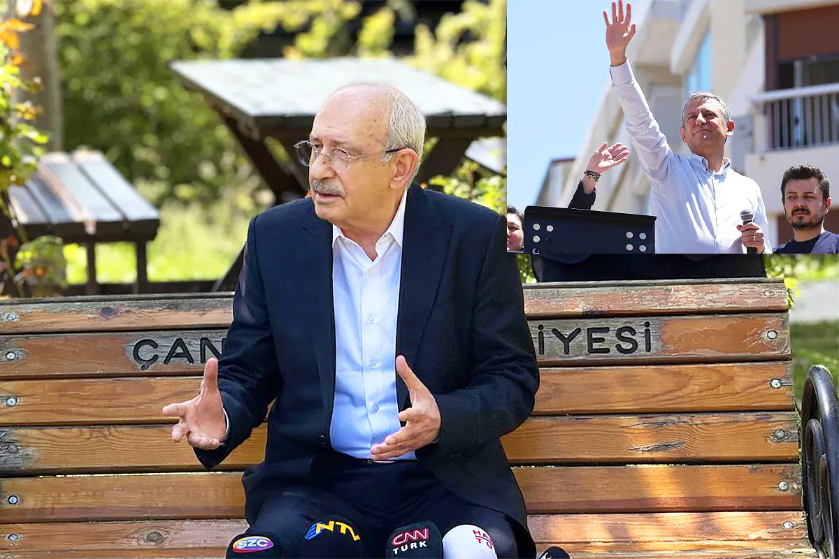 The current leader of the CHP, Kemal Kılıçdaroğlu, is speaking to journalists whilst sitting on a bench; in the corner, there is a photo of his rival Özgür Özel taken during a rally