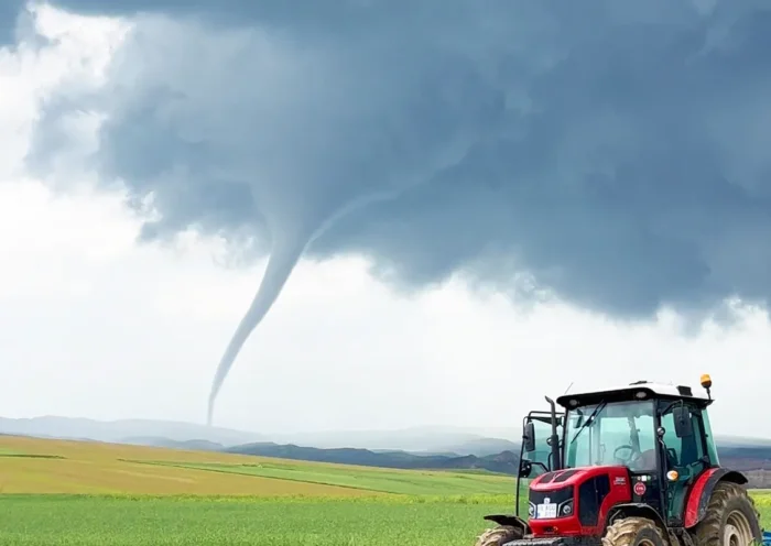un tractor abandonado en un campo verde, con un enorme tornado formándose a poca distancia saliendo de una densa nube gris