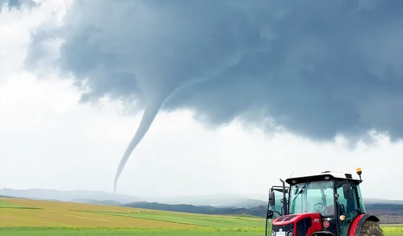 an abandoned tractor in a green field, with a huge tornado forming a short distance away, emerging from a dense grey cloud