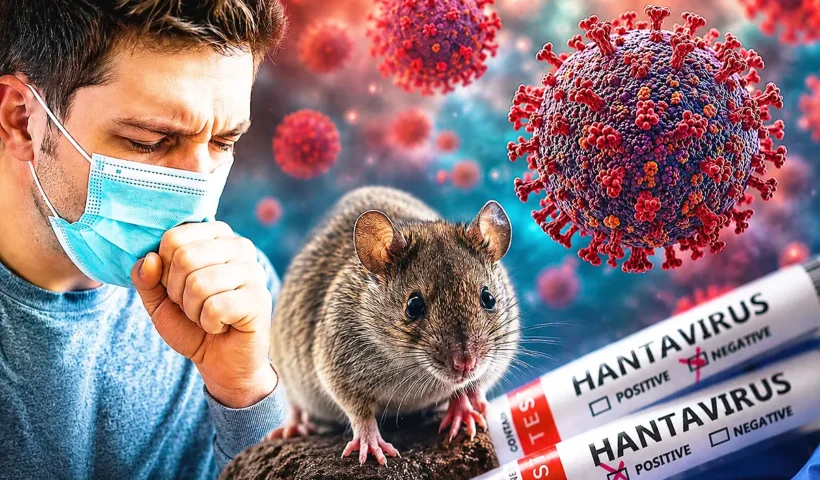un hombre con mascarilla tosiendo junto a las imágenes de un virus, un ratón, y dos tubos de ensayo que muestran un contagio negativo y otro positivo