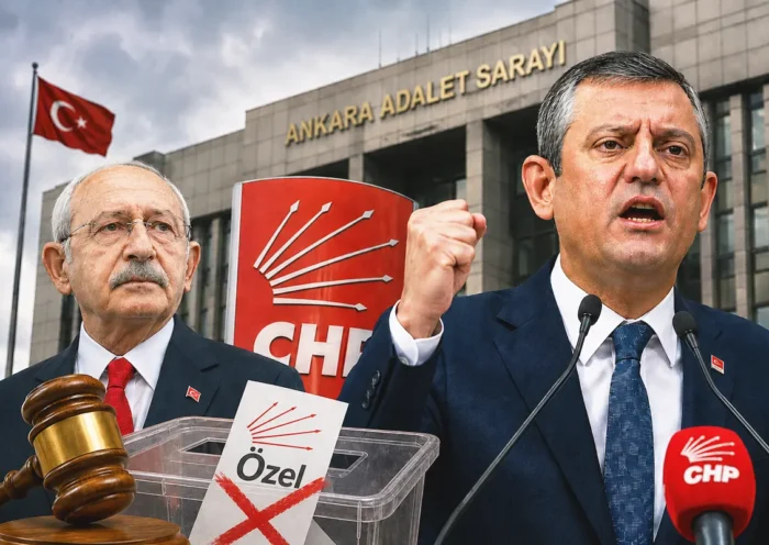 Özel in the foreground, with Kılıçdaroğlu behind him, alongside an image of the Supreme Court in Ankara, a judge’s gavel and a ballot box with a cross through Özel’s name