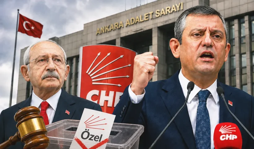 Özel in the foreground, with Kılıçdaroğlu behind him, alongside an image of the Supreme Court in Ankara, a judge’s gavel and a ballot box with a cross through Özel’s name