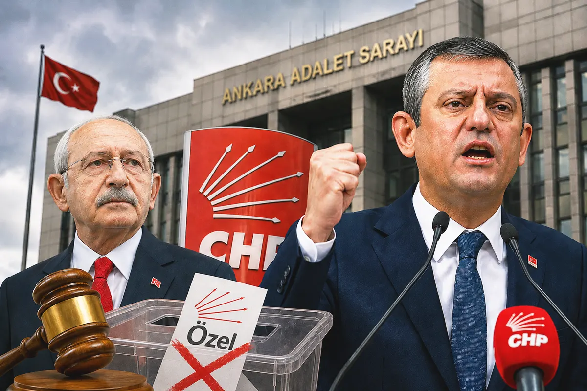 Özel in the foreground, with Kılıçdaroğlu behind him, alongside an image of the Supreme Court in Ankara, a judge’s gavel and a ballot box with a cross through Özel’s name