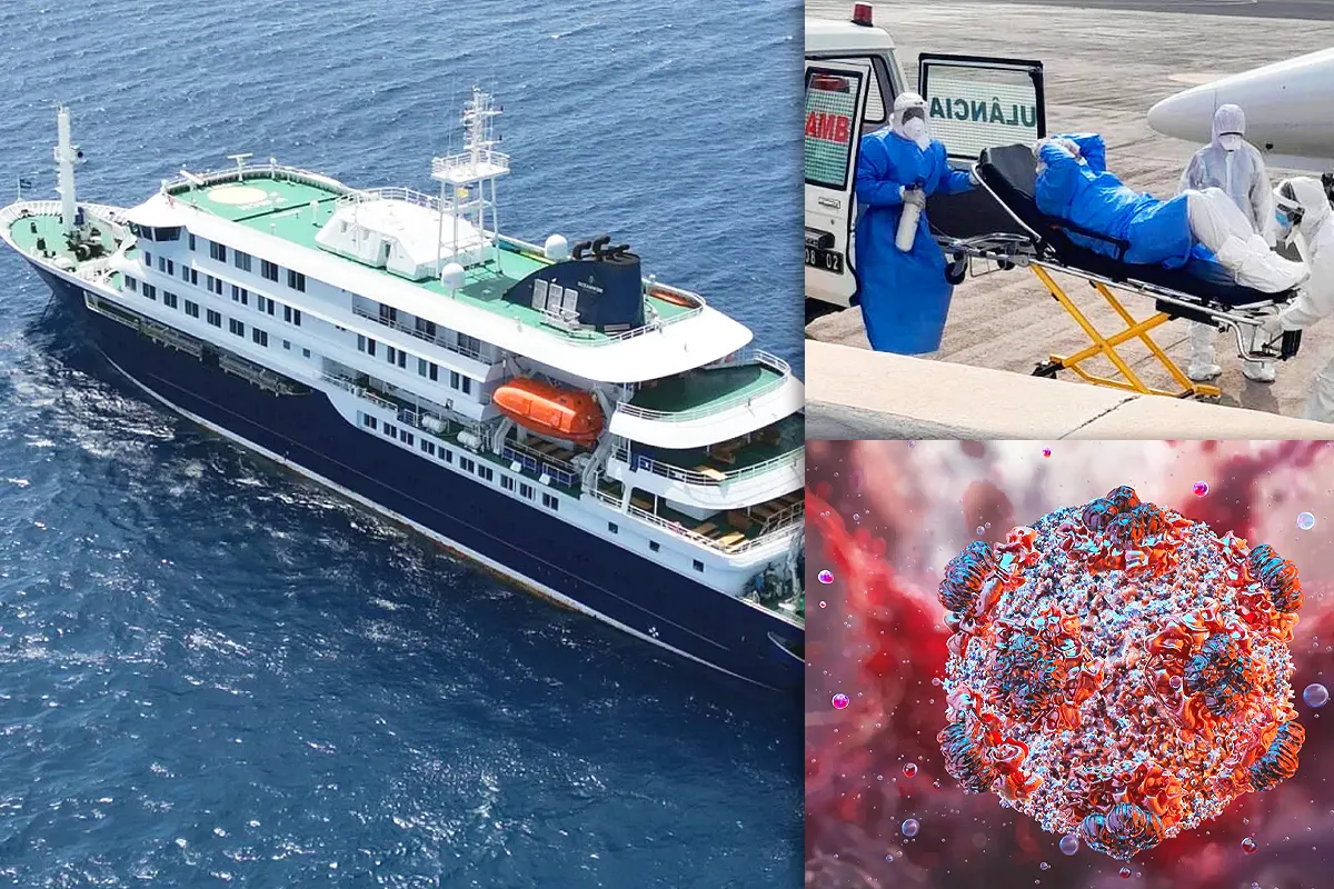 imagen del crucero Hondius donde se detectó un brote de hantavirus, junto a una imagen del traslado de un enfermo en cuarentena y otra de un virus