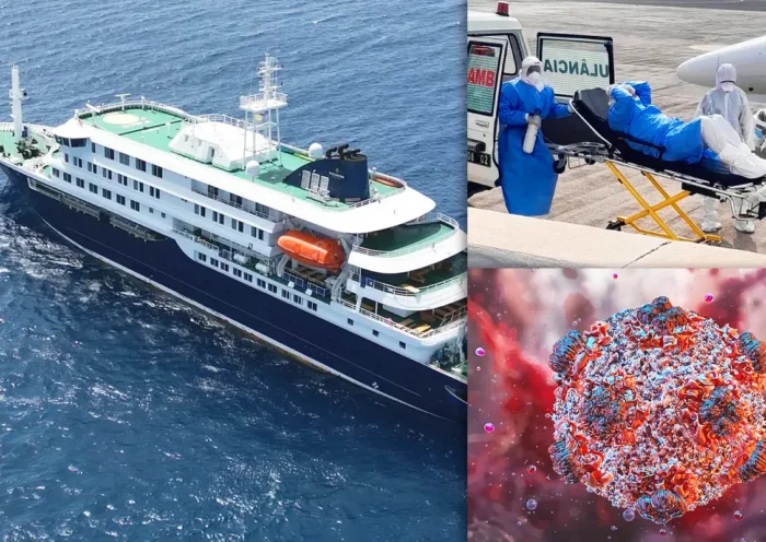A picture of the Hondius cruise ship where an outbreak of hantavirus was detected, alongside a picture of a patient being transferred whilst in quarantine and another of a virus.