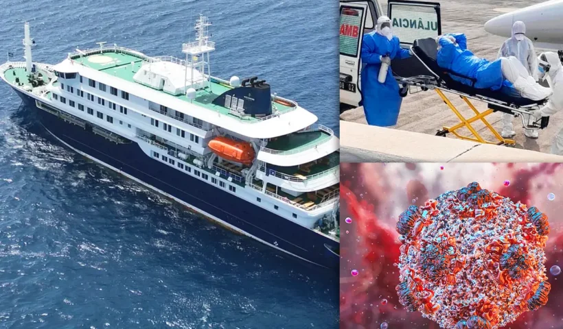 A picture of the Hondius cruise ship where an outbreak of hantavirus was detected, alongside a picture of a patient being transferred whilst in quarantine and another of a virus.