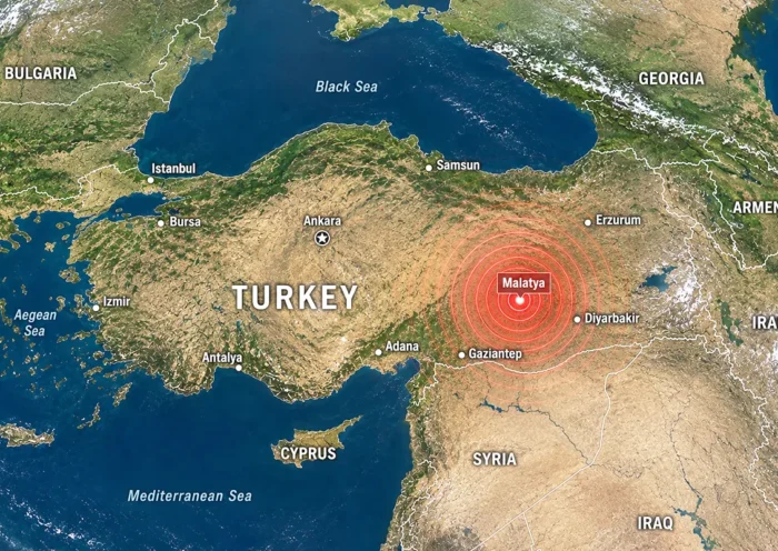 a map of Turkey and its neighbouring countries showing seismic waves emanating from Malatya, in south-eastern Anatolia