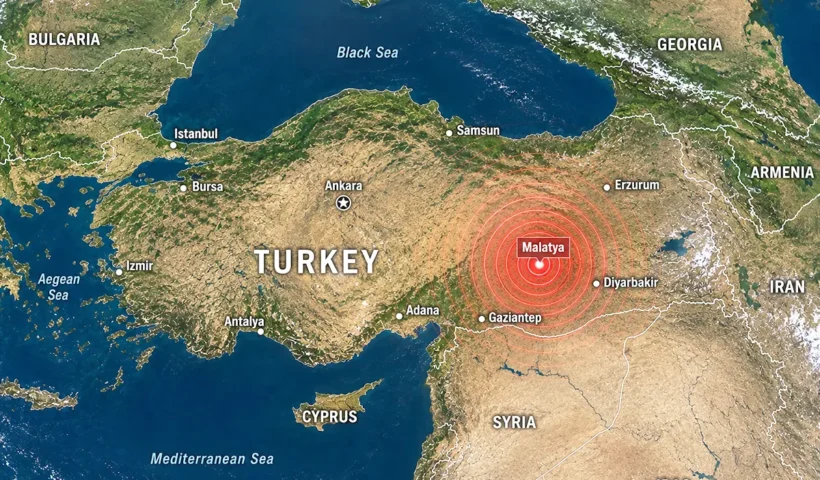 a map of Turkey and its neighbouring countries showing seismic waves emanating from Malatya, in south-eastern Anatolia