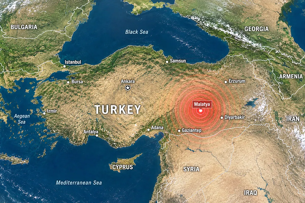 a map of Turkey and its neighbouring countries showing seismic waves emanating from Malatya, in south-eastern Anatolia