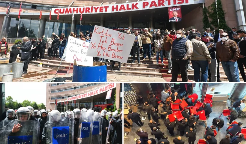 varias imágenes mostrando momentos de tensión en la sede del partido CHP en Ankara, con partidarios de Özel enfrentándose a la policía antidisturbios y montando barricadas en la puerta