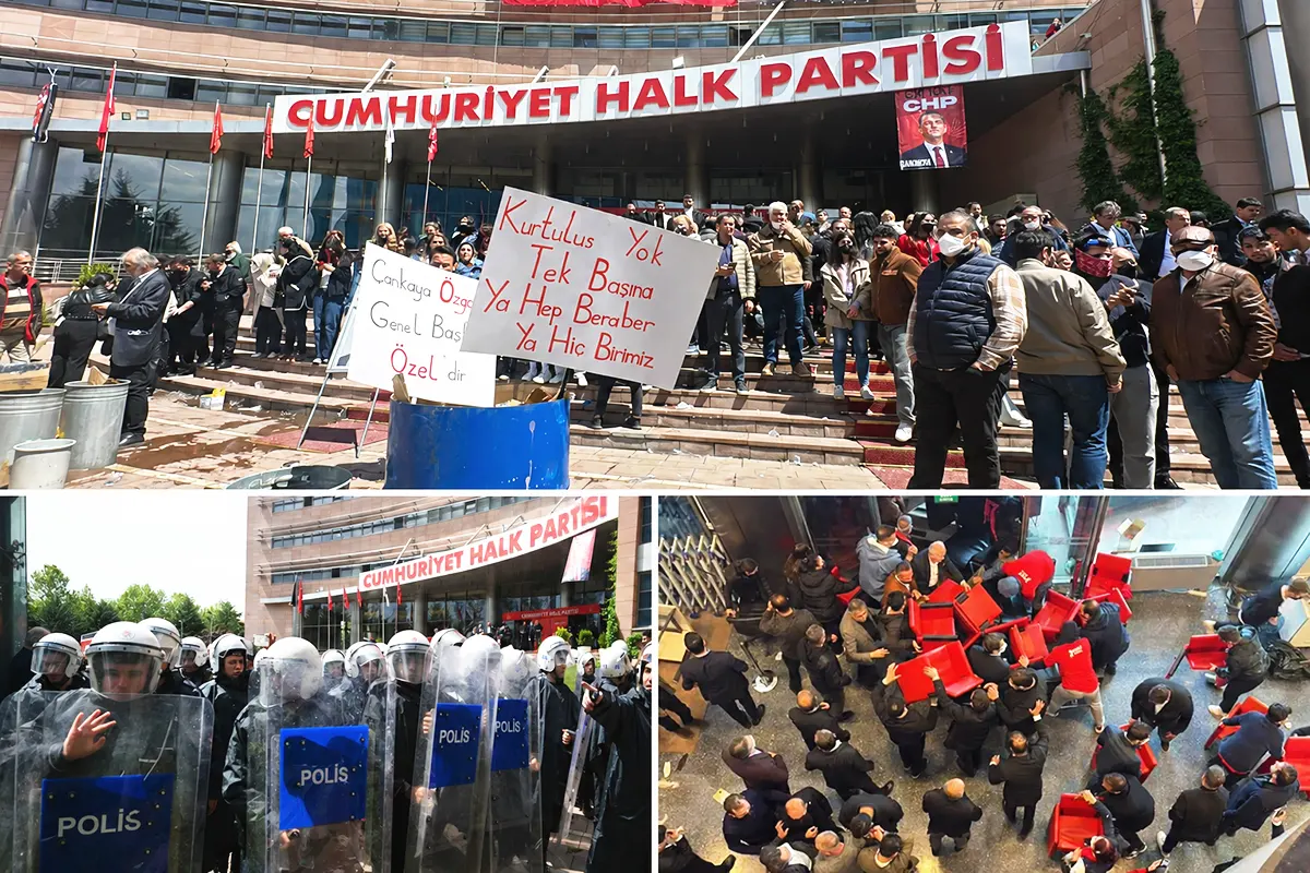 varias imágenes mostrando momentos de tensión en la sede del partido CHP en Ankara, con partidarios de Özel enfrentándose a la policía antidisturbios y montando barricadas en la puerta