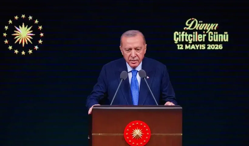 Erdogan delivers a speech from a podium on Farmers' Day