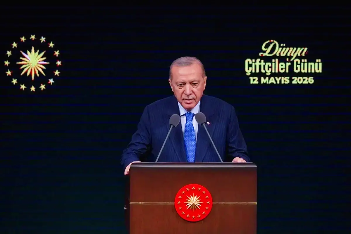 Erdogan delivers a speech from a podium on Farmers' Day