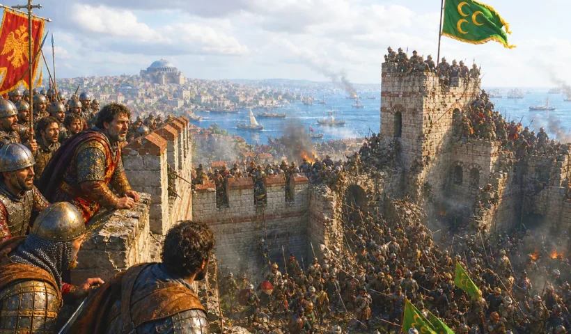 Byzantine soldiers watch from the top of the walls of Constantinople as the Ottomans storm the walls and capture a tower