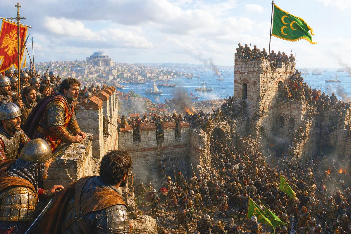Byzantine soldiers watch from the top of the walls of Constantinople as the Ottomans storm the walls and capture a tower