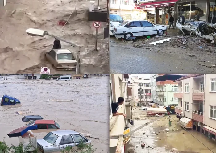 several images of the floods in Samsun, Turkey, showing flooded streets and squares and cars being swept away by the water
