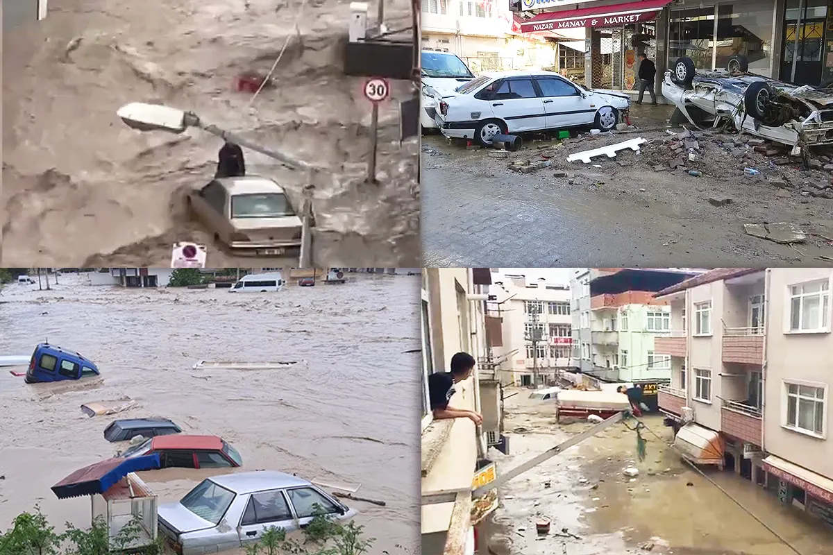 several images of the floods in Samsun, Turkey, showing flooded streets and squares and cars being swept away by the water
