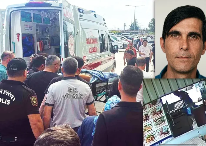 an injured person being carried out on a stretcher from an ambulance, alongside footage of a shooting at a restaurant in Turkey and a photograph of the perpetrator of the massacres