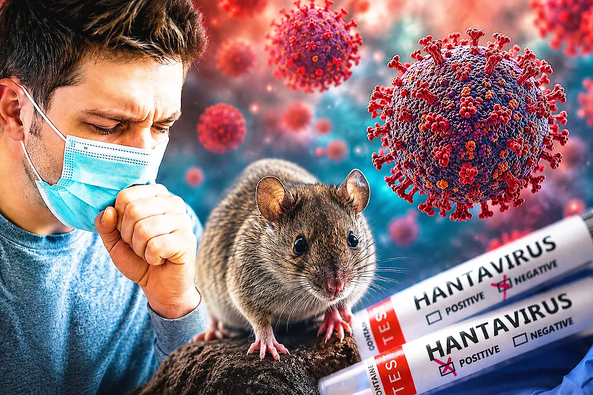 a man wearing a mask coughing, alongside images of a virus, a mouse, and two test tubes—one showing a negative result and the other a positive result