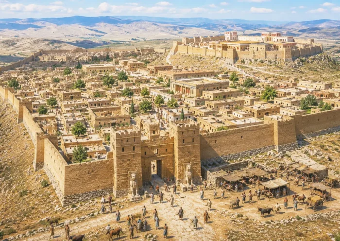 A reconstruction of Hattusa, the capital of the Hittite Empire, during its heyday, showing its walls, the imperial palace and people passing through the Lion Gate