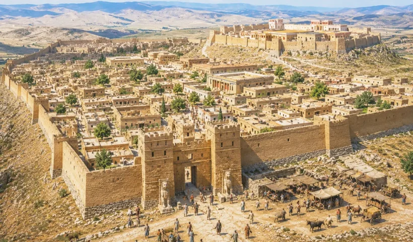 recreación de Hattusa, la capital del Imperio hitita, durante su esplendor, mostrando sus murallas, su palacio imperial y gente atravesando la Puerta de los Leones