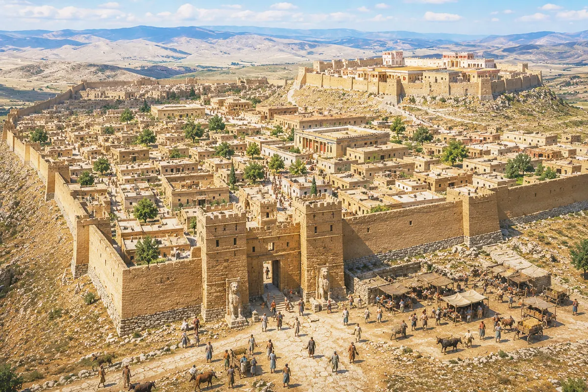 recreación de Hattusa, la capital del Imperio hitita, durante su esplendor, mostrando sus murallas, su palacio imperial y gente atravesando la Puerta de los Leones