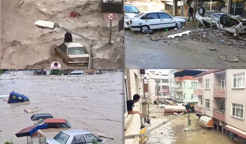 varias imágenes de las inundaciones en Samsun, Turquía, con calles y plazas inundadas y coches arrastrados por el agua