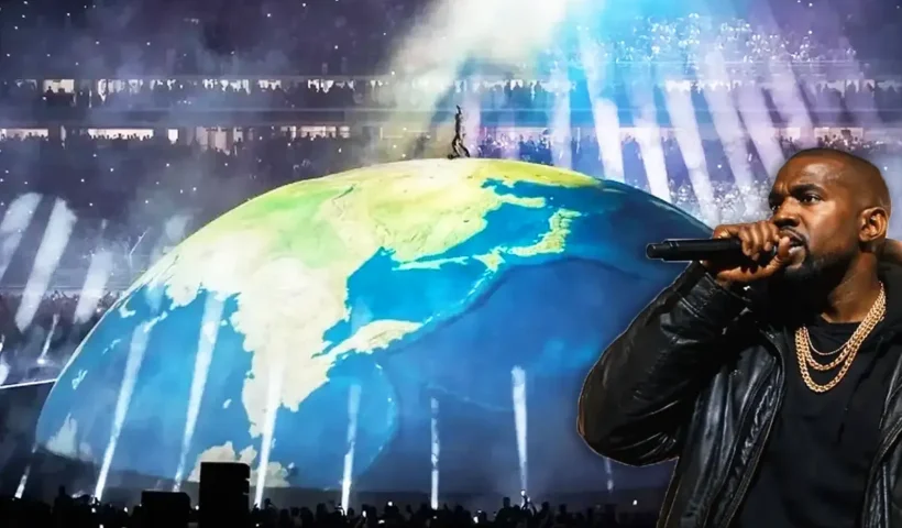 Kanye West on a giant globe during his concert in Istanbul; in the foreground, a photo of the artist