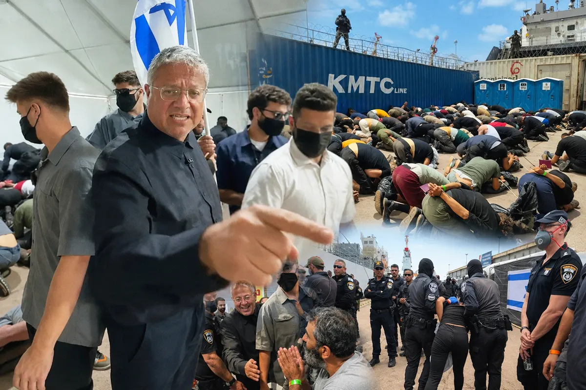 varias imágenes del maltrato y los abusos sufridos por los activistas de la Flotilla Sumud detenidos en Israel