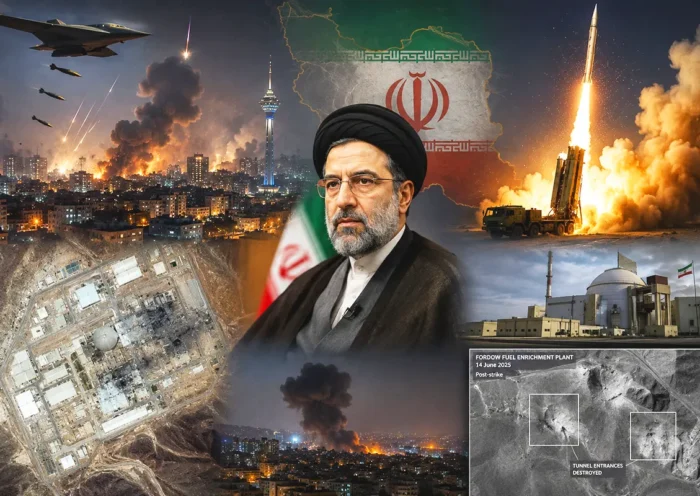an image of Iran’s Supreme Leader Mochtabá Jameneí surrounded by images of air raids on Tehran, missile launches, the Iranian flag and Iranian nuclear facilities