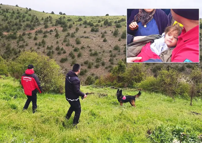 Search teams assisted by a dog in a wooded area, alongside a photo of the girl who has already been rescued