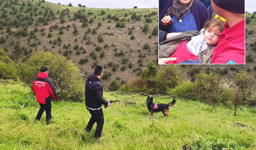 Search teams assisted by a dog in a wooded area, alongside a photo of the girl who has already been rescued