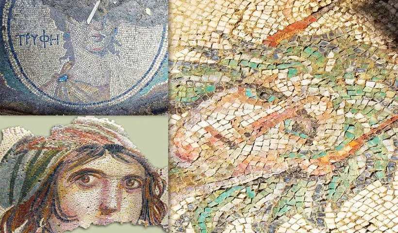 imágenes de los mosaicos hallados en Zile (Turquía), uno de ellos con una inscripción en griego, junto a una imagen del famoso mosaico de la Niña Gitana de Zeugma