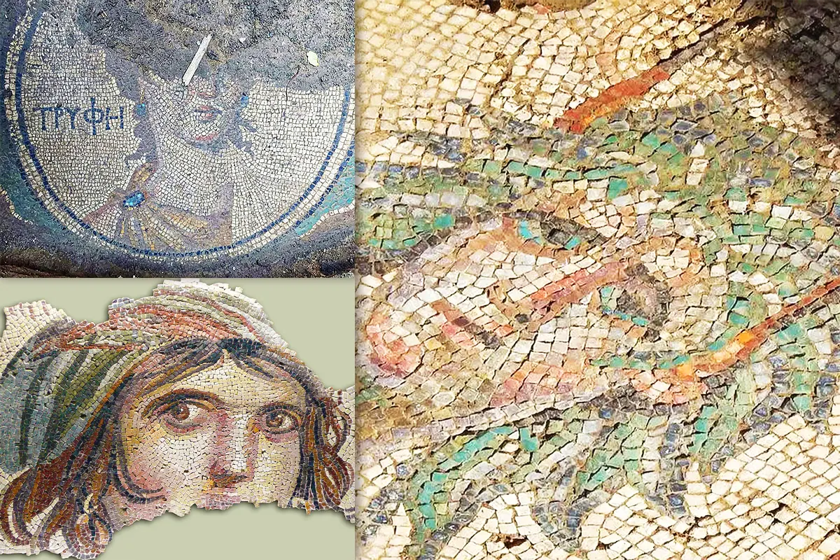 images of the mosaics discovered in Zile (Turkey), one of which bears a Greek inscription, alongside an image of the famous ‘Gypsy Girl’ mosaic from Zeugma