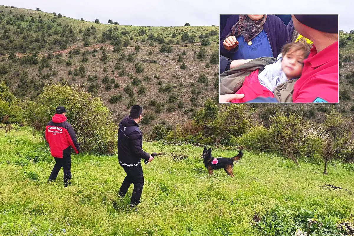 equipos de búsqueda ayudados por un perro en una zona de monte, junto a una foto de la niña ya rescatada