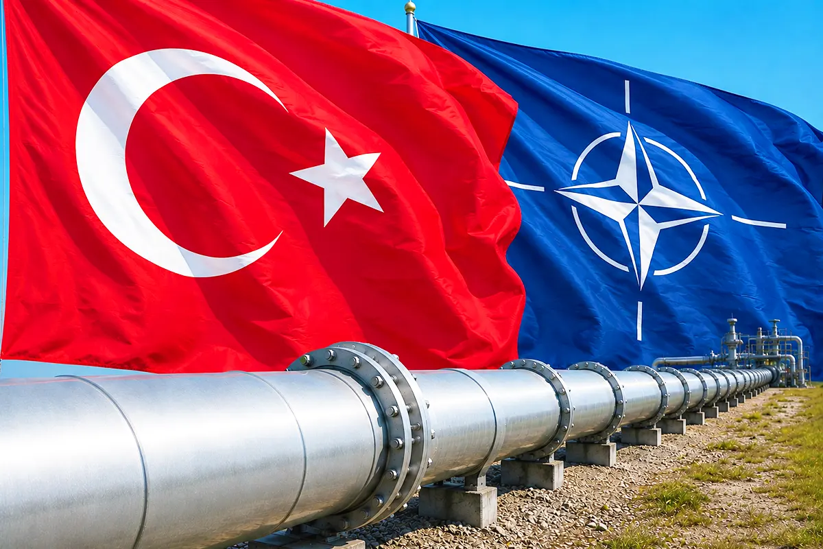 imagen de un gran oleoducto en primer mano, y de fondo las banderas de Turquía y de la OTAN