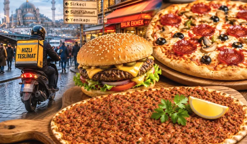 pictures of a pizza, a burger and a lahmacun alongside a delivery rider on a motorbike on a street in central Istanbul