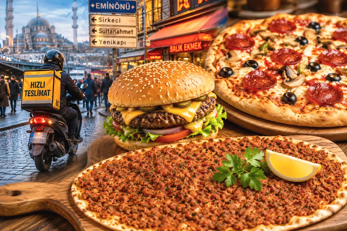 pictures of a pizza, a burger and a lahmacun alongside a delivery rider on a motorbike on a street in central Istanbul