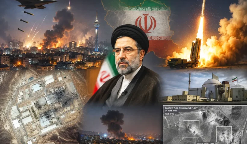 imagen del líder supremo iraní Mochtabá Jameneí rodeado de imágenes de bombardeos sobre Teherán, lanzamiento de misiles, la bandera de Irán e instalaciones nucleares iraníes