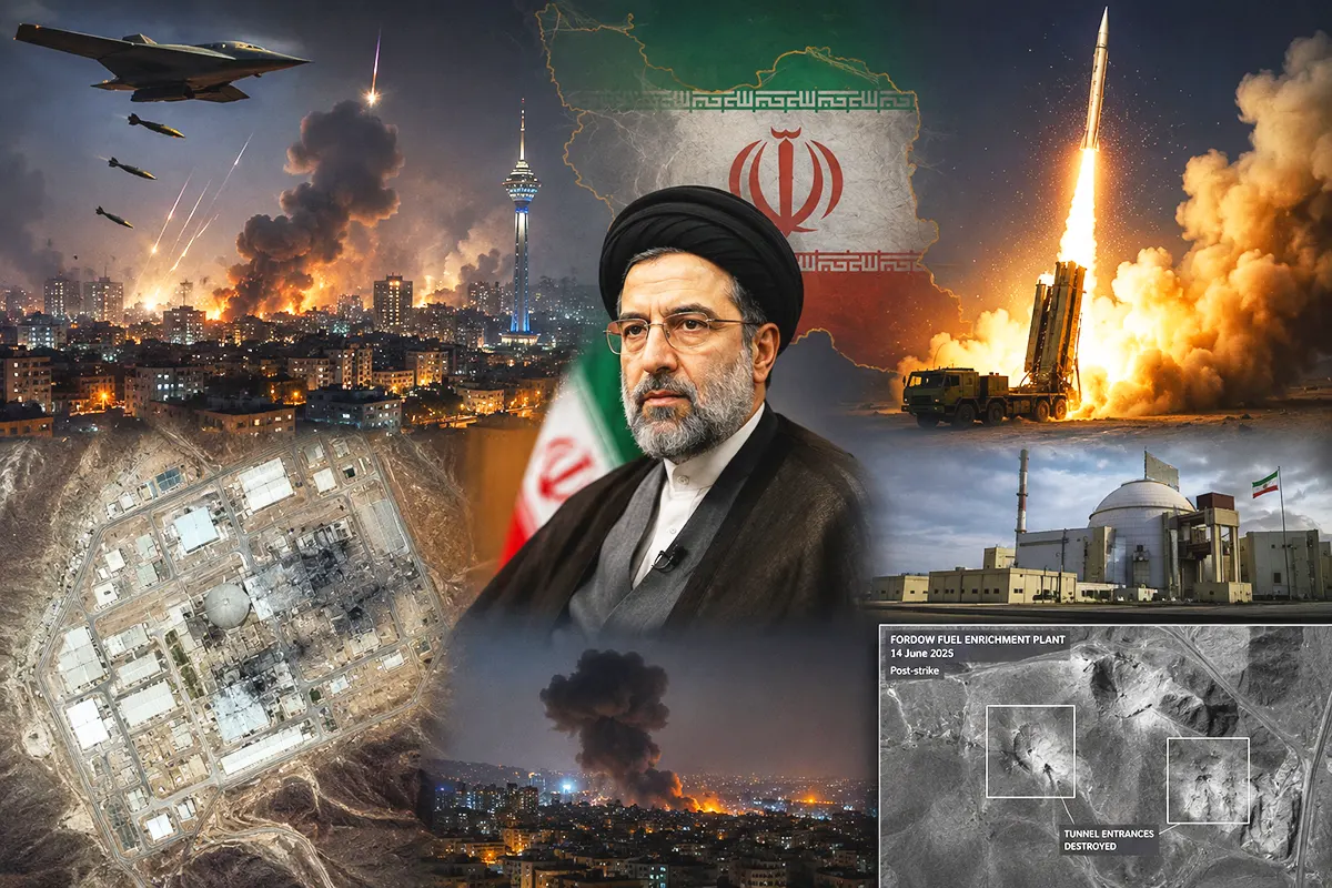 imagen del líder supremo iraní Mochtabá Jameneí rodeado de imágenes de bombardeos sobre Teherán, lanzamiento de misiles, la bandera de Irán e instalaciones nucleares iraníes