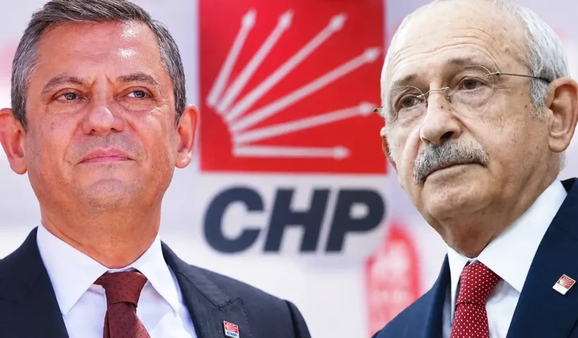 Özel and Kılıçdaroğlu in the foreground, with the symbol and initials of the Turkish CHP party behind them