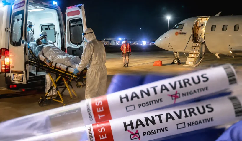 varios tubos de ensayo con resultados positivos y negativos de hantavirus, junto a la imagen de un avión medicalizado en una pista de noche y de una ambulancia trasladando a un paciente en camilla en medio de medidas de aislamiento