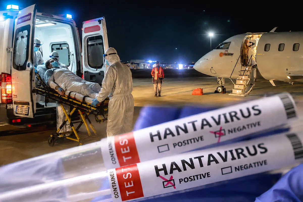 varios tubos de ensayo con resultados positivos y negativos de hantavirus, junto a la imagen de un avión medicalizado en una pista de noche y de una ambulancia trasladando a un paciente en camilla en medio de medidas de aislamiento