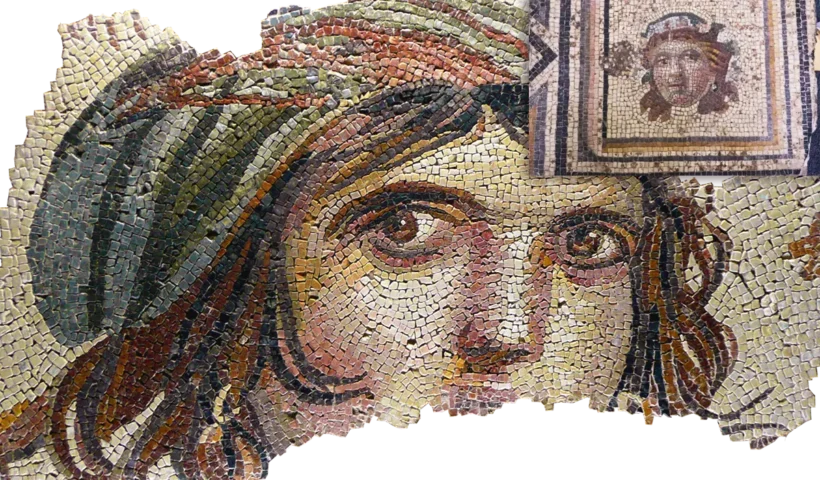 el famoso mosaico de la niña gitana de Zeugma, mostrando en una esquina un mosaico menor con un rostro que forma parte de la pieza histórica